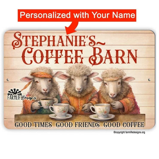 Coffee Bar Sign - Sheep drinking Coffee, Coffee Barn 12x8 Personalized