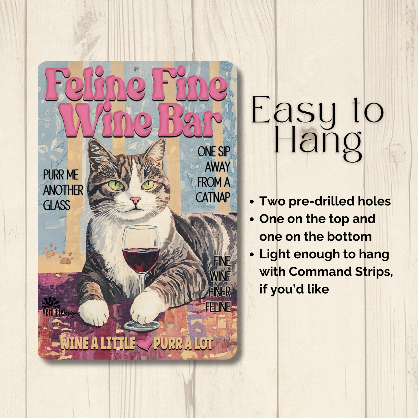Gray Tabby Cat Feline Fine Wine Bar Sign, Sip & Scratch pub metal tin kitty wall art