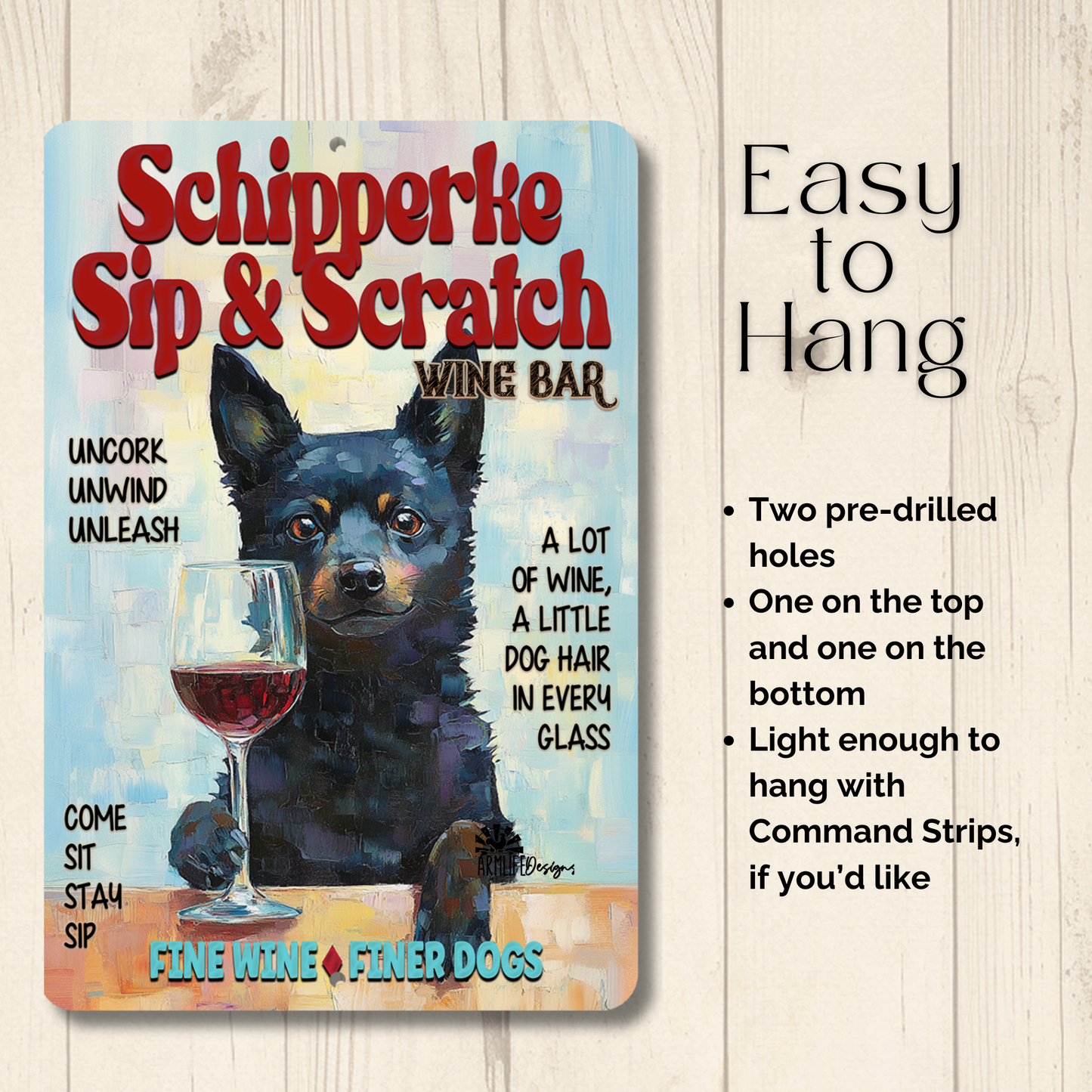 Schipperke Wine Bar Sign Sip & Scratch Dog Metal Tin Wall Art