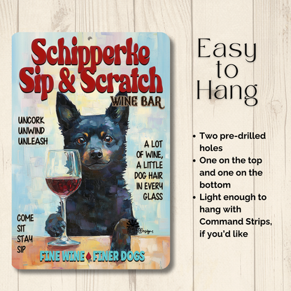 Schipperke Wine Bar Sign Sip & Scratch Dog Metal Tin Wall Art