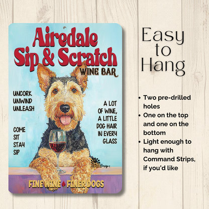 Airedale Wine Bar Sign Sip & Scratch Dog Metal Tin Wall Art