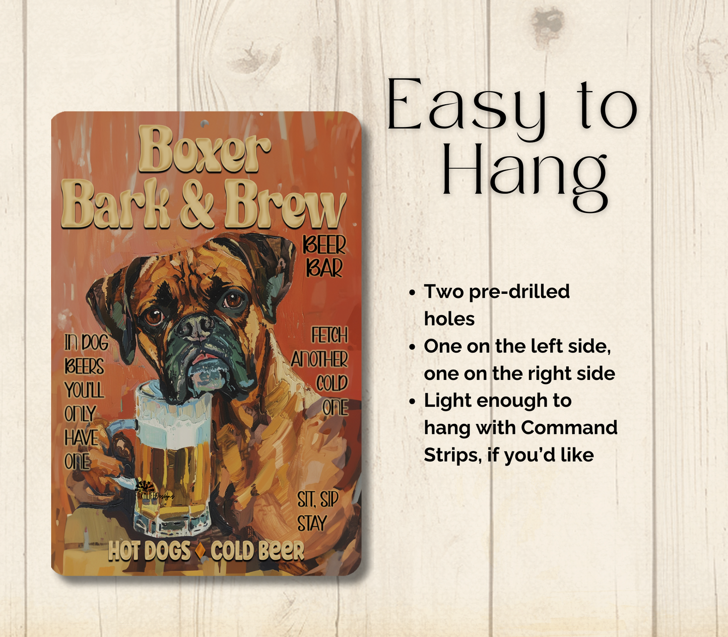 Boxer Beer Bar Sign, Bark and Brew pub metal tin dog wall art