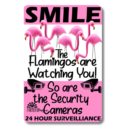 Funny Flamingo Security Camera Sign, Flamingos are Watching