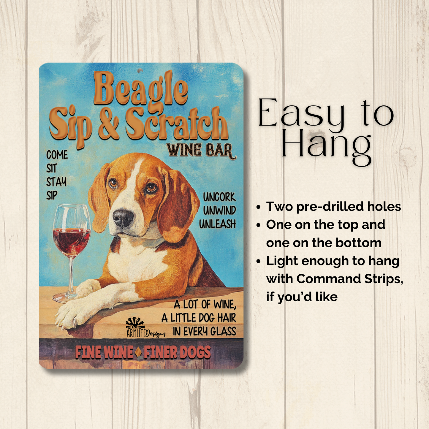 Beagle Wine Bar Sign, Sip & Scratch pub metal tin dog wall art
