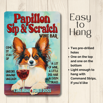 Papillon Wine Bar Sign Sip & Scratch Dog Metal Tin Wall Art