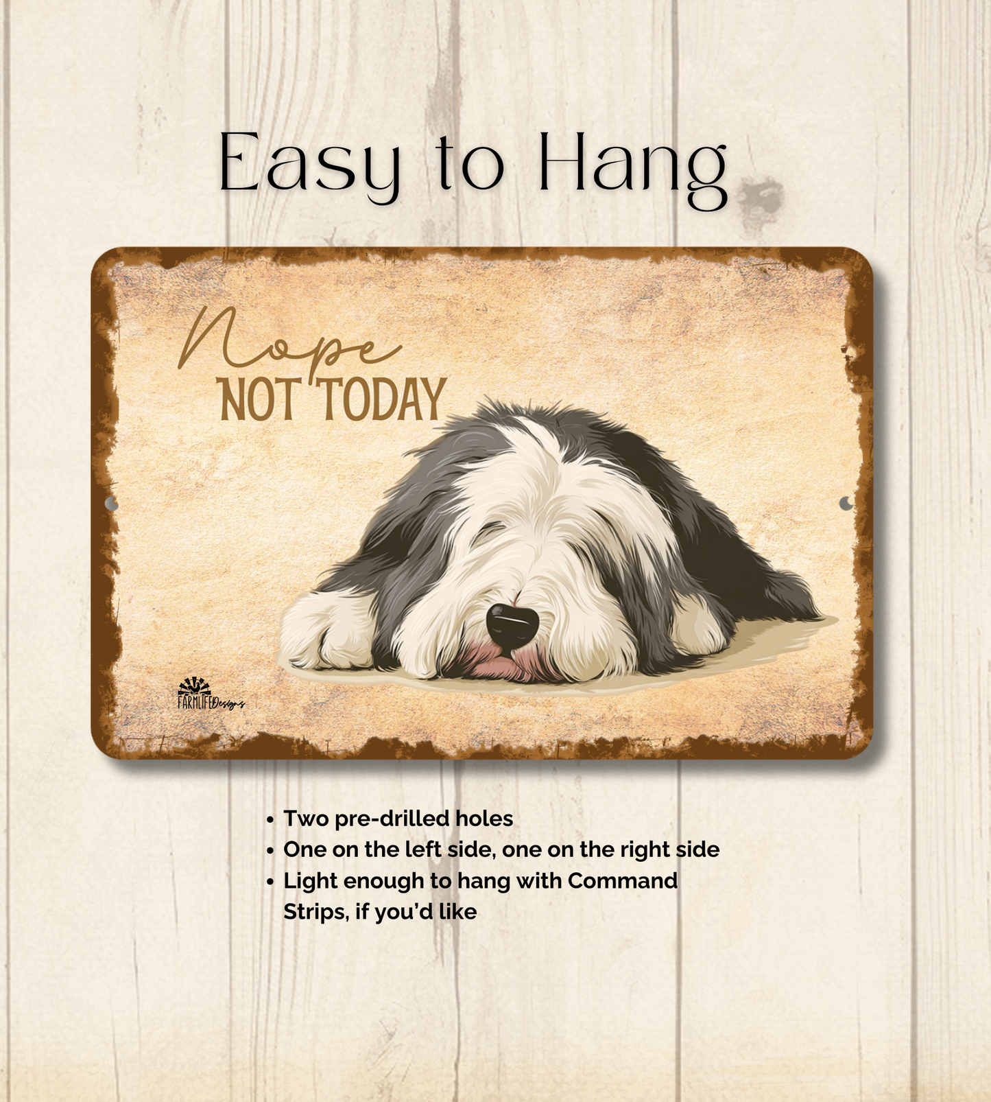 Old English Sheepdog Sign Nope Not Today Funny Dog metal tin wall art