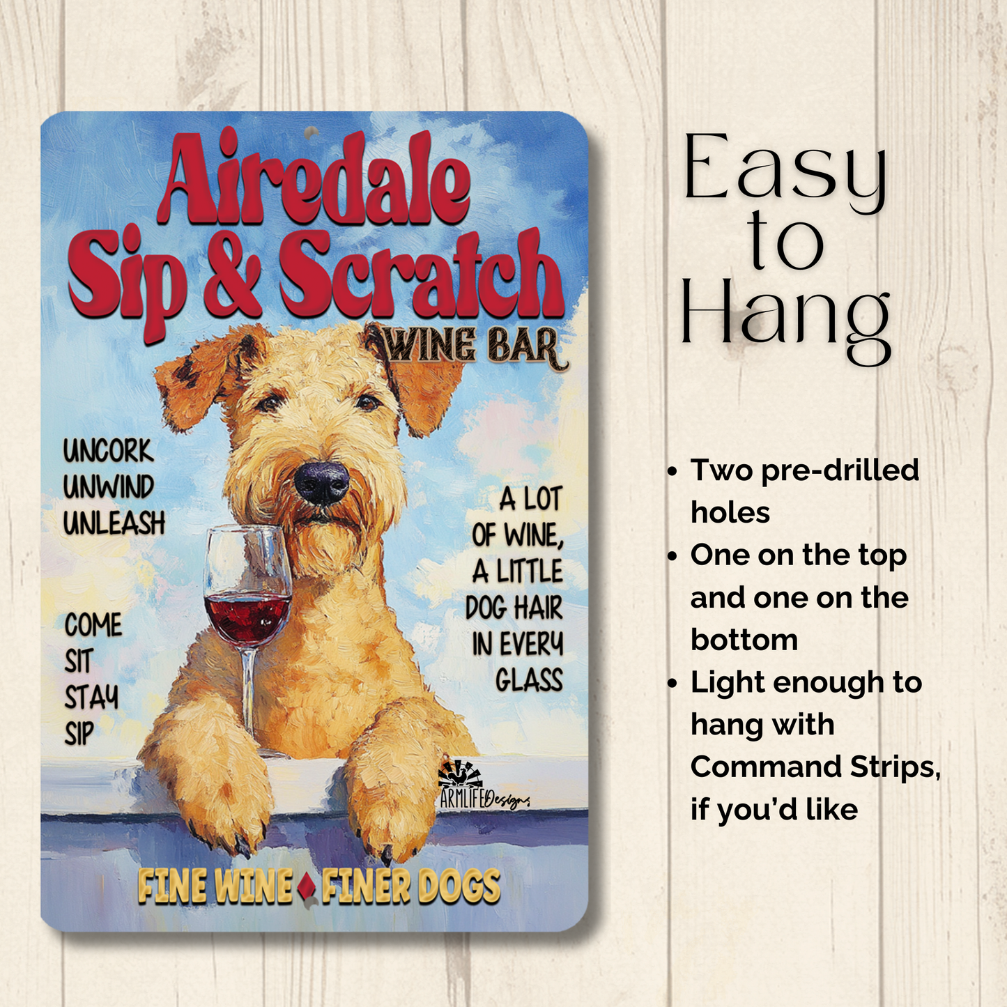 Airedale Wine Bar Sign Sip & Scratch Dog Metal Tin Wall Art