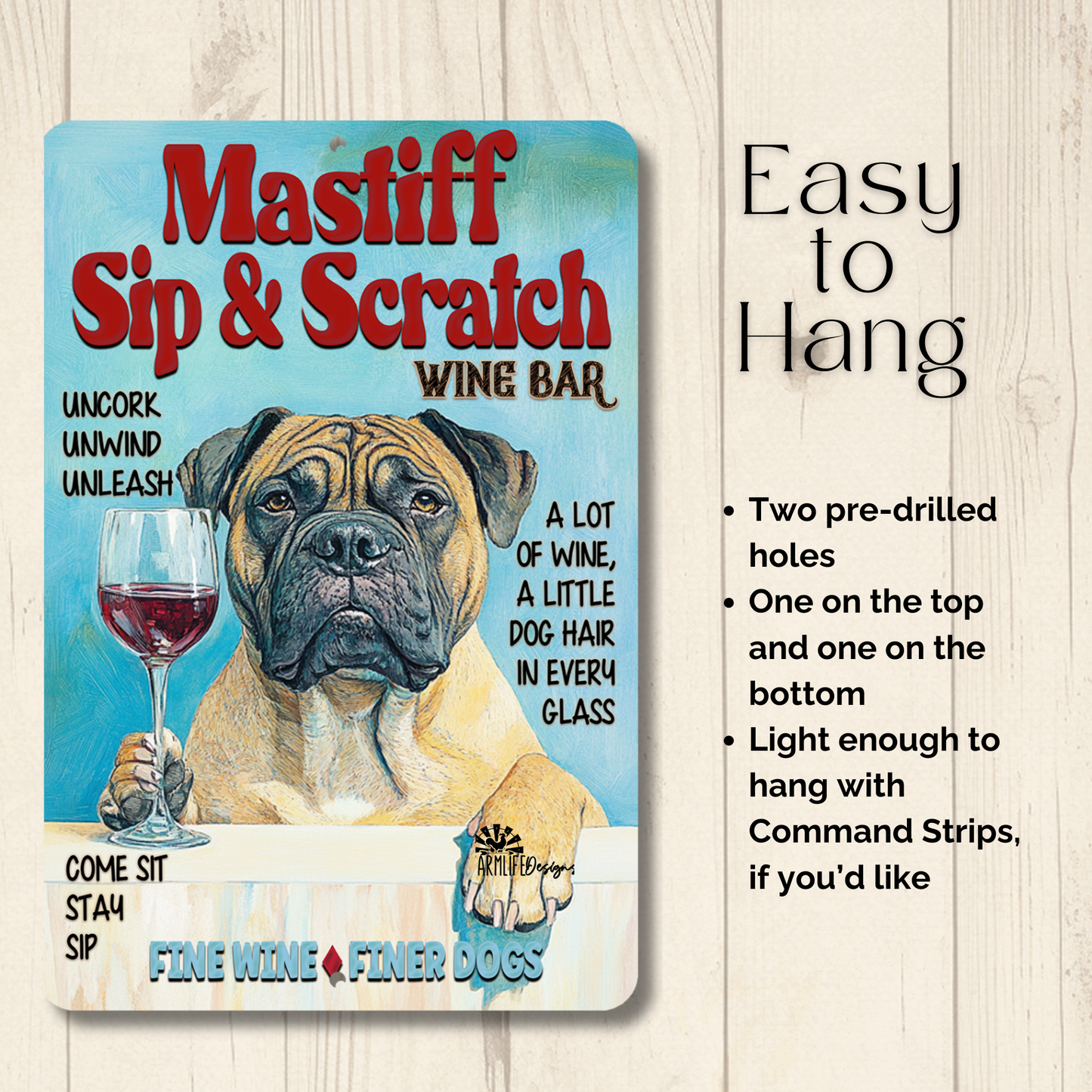 Mastiff Wine Bar Sign Sip & Scratch Dog Metal Tin Wall Art