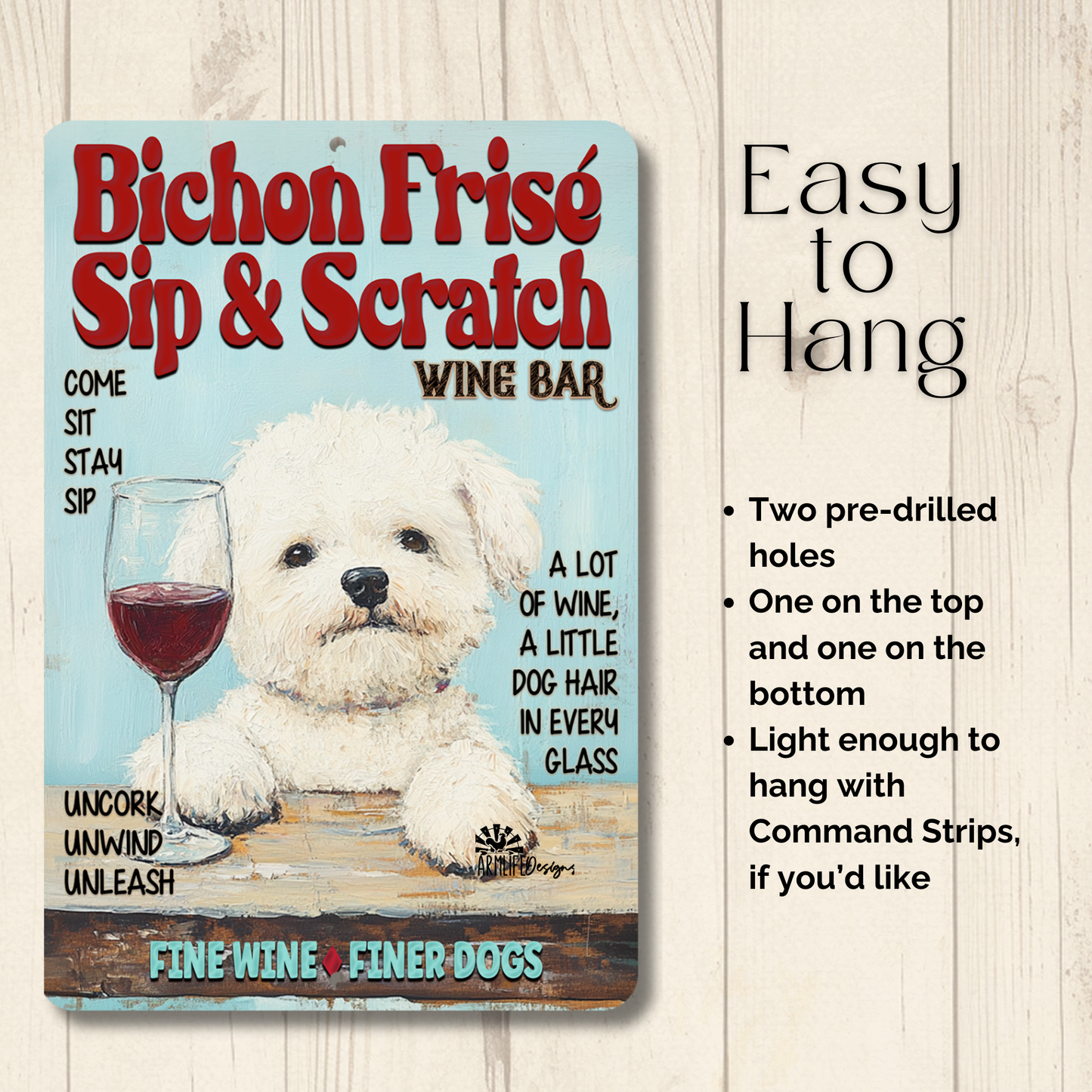 Bichon Frise Wine Bar Sign Sip & Scratch Dog Metal Tin Wall Art