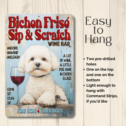 Bichon Frise Wine Bar Sign Sip & Scratch Dog Metal Tin Wall Art