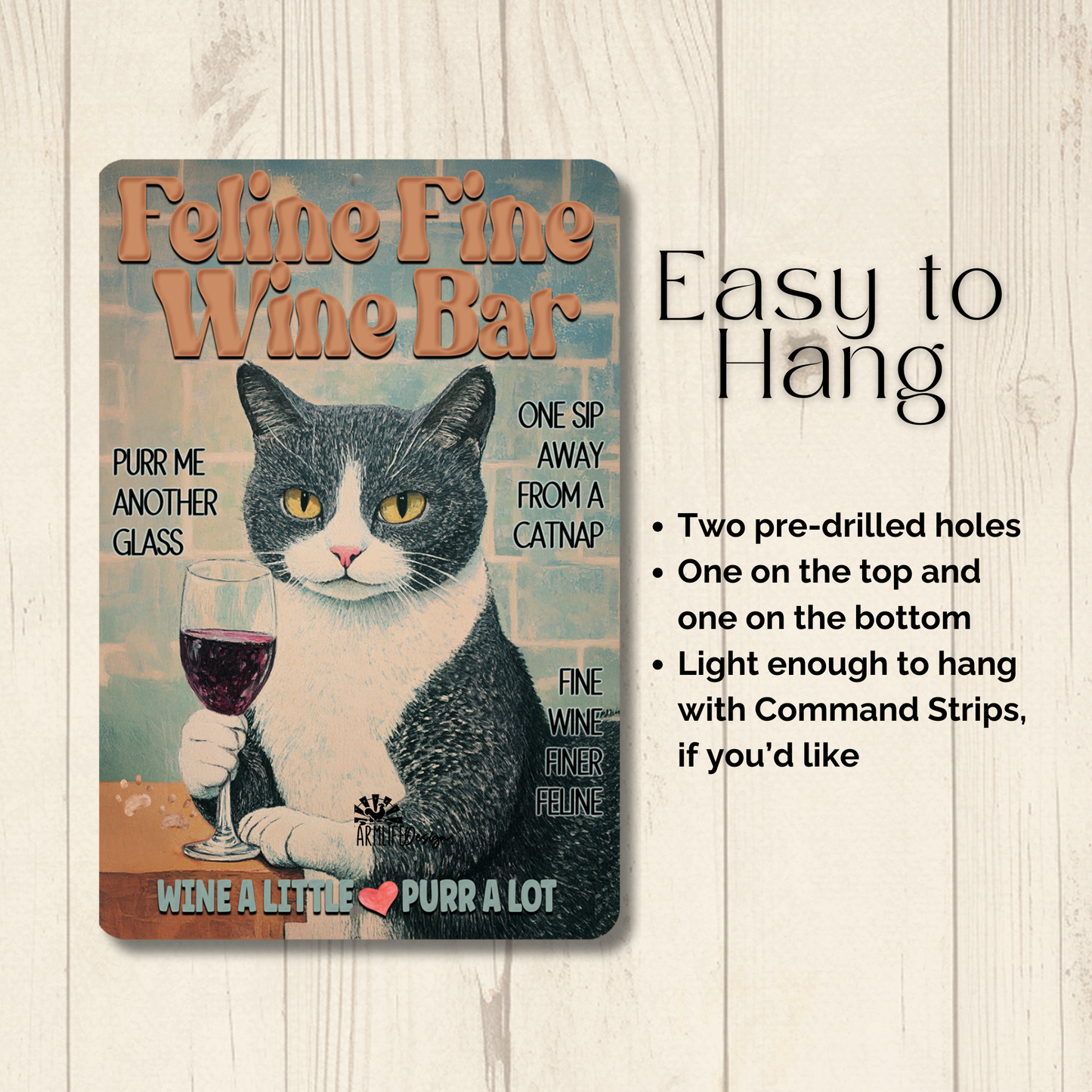 Gray Tabby Cat Feline Fine Wine Bar Sign, Sip & Scratch pub metal tin kitty wall art