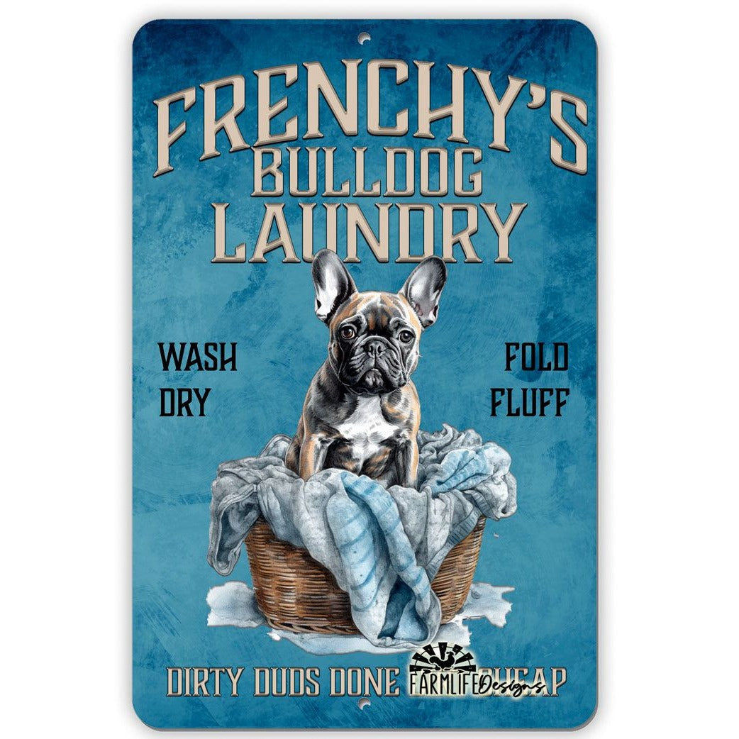 French Bulldog Laundry Sign, 8x12, dog in clothes basket