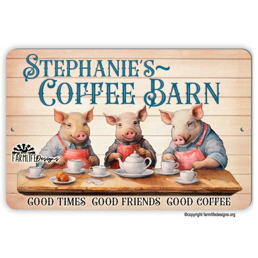 Coffee Bar Sign - Pigs drinking Coffee, Coffee Barn 12x8 Personalized