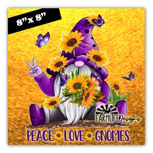 Peace Gnome - Purple and Gold with Sunflowers - Wreath Sign or large magnet 8"x8"