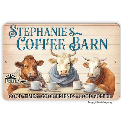 Coffee Bar Sign - Cows drinking Coffee, Coffee Barn 12x8 Personalized