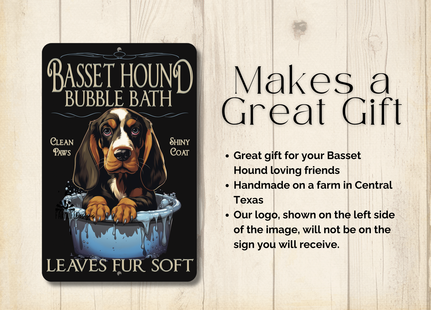 Basset Hound Bubble Bath bathroom dog in bath tub sign, 8x12, metal