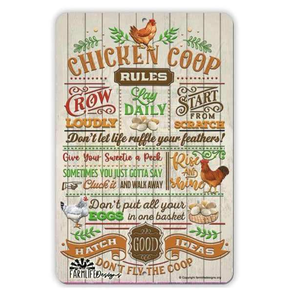 Chicken Sign | Chicken Coop Rules brown, orange 8"x12" aluminum chickens, hens, rooster sign