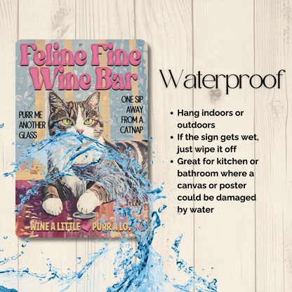 Gray Tabby Cat Feline Fine Wine Bar Sign, Sip & Scratch pub metal tin kitty wall art