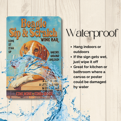 Beagle Wine Bar Sign, Sip & Scratch pub metal tin dog wall art