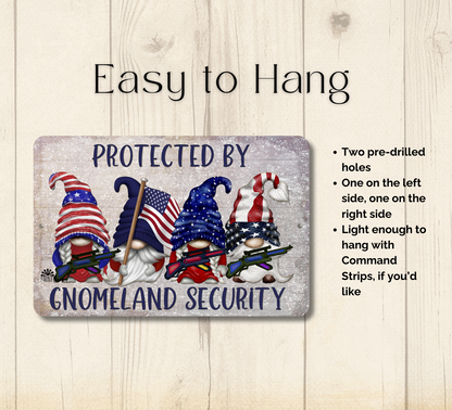 Gnomeland Security Protected by Gnomes Patriotic American metal tin gnome wall art