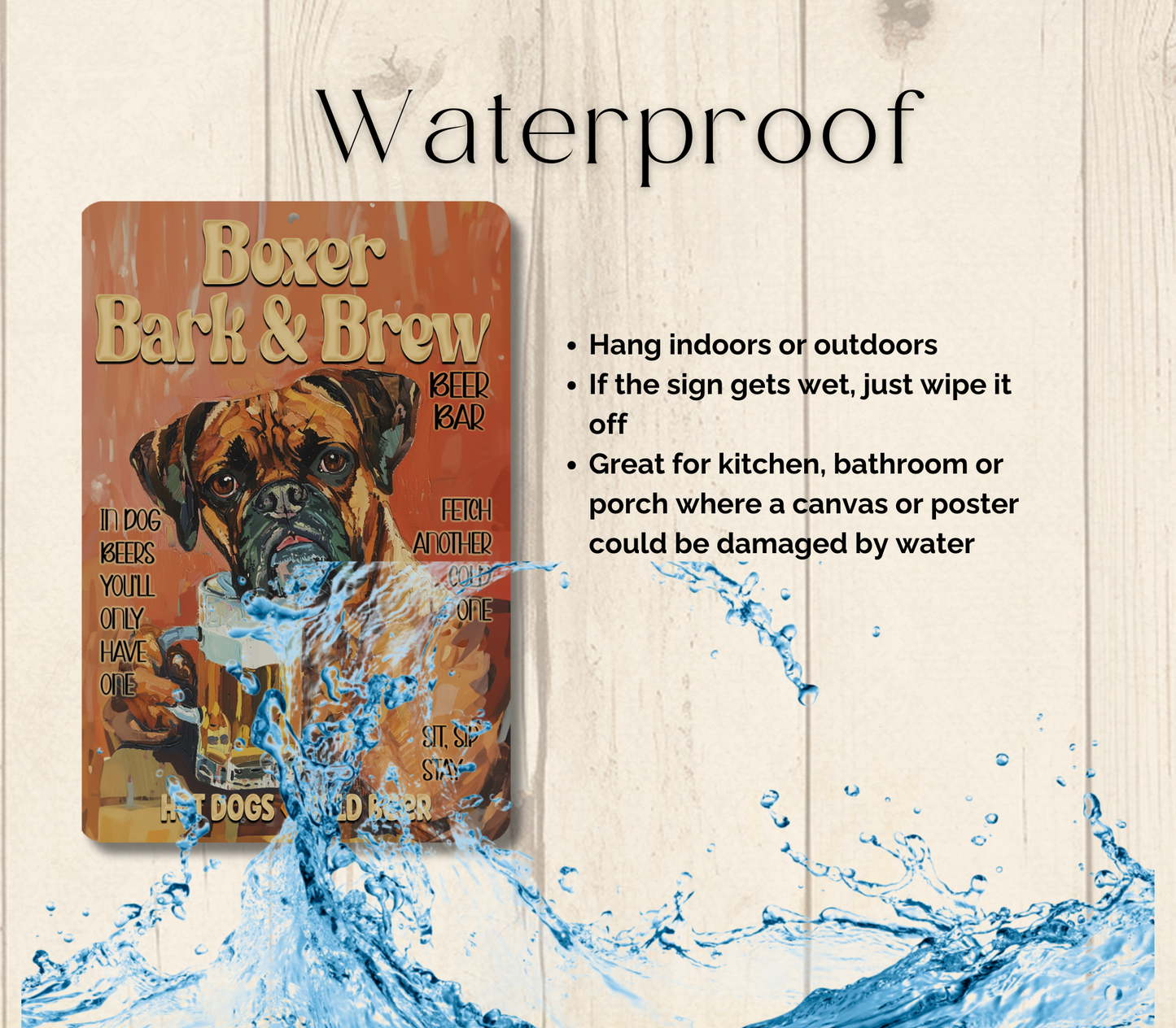 Boxer Beer Bar Sign, Bark and Brew pub metal tin dog wall art