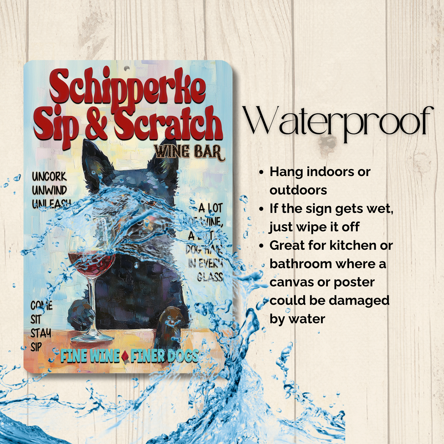 Schipperke Wine Bar Sign Sip & Scratch Dog Metal Tin Wall Art