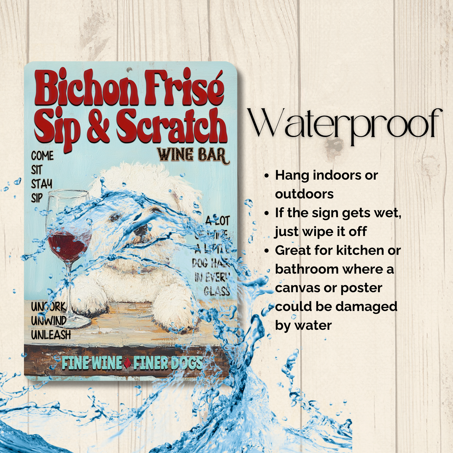 Bichon Frise Wine Bar Sign Sip & Scratch Dog Metal Tin Wall Art