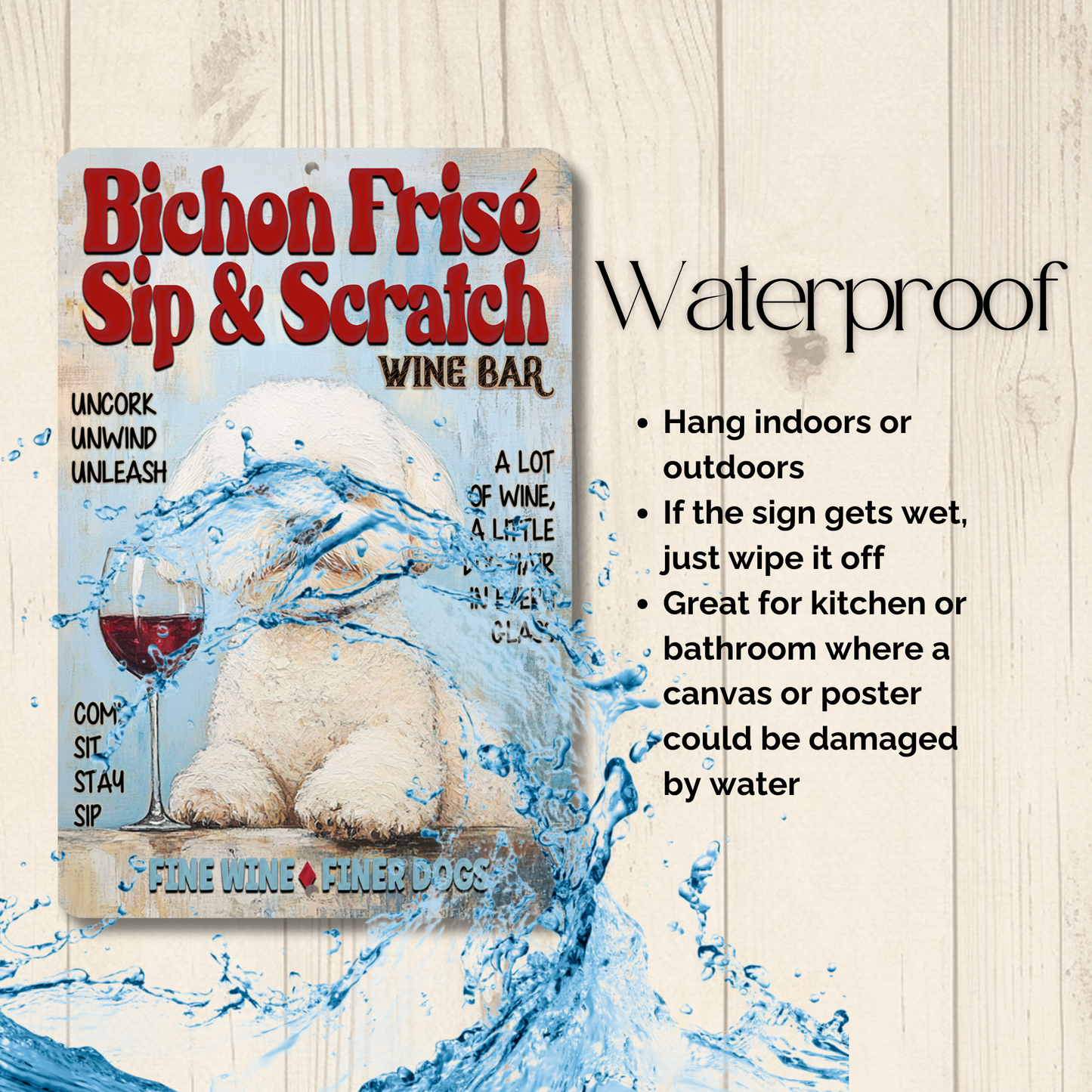 Bichon Frise Wine Bar Sign Sip & Scratch Dog Metal Tin Wall Art