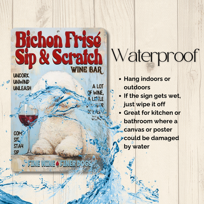 Bichon Frise Wine Bar Sign Sip & Scratch Dog Metal Tin Wall Art
