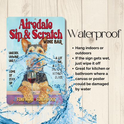 Airedale Wine Bar Sign Sip & Scratch Dog Metal Tin Wall Art