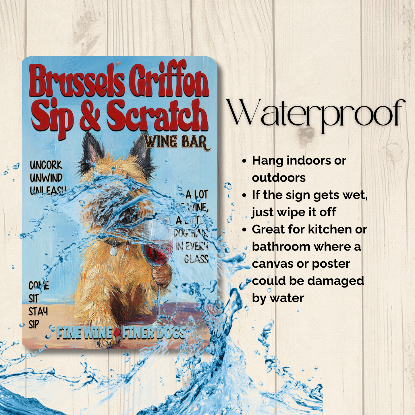 Brussels Griffon Wine Bar Sign Sip & Scratch Dog Metal Tin Wall Art