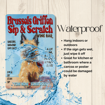 Brussels Griffon Wine Bar Sign Sip & Scratch Dog Metal Tin Wall Art