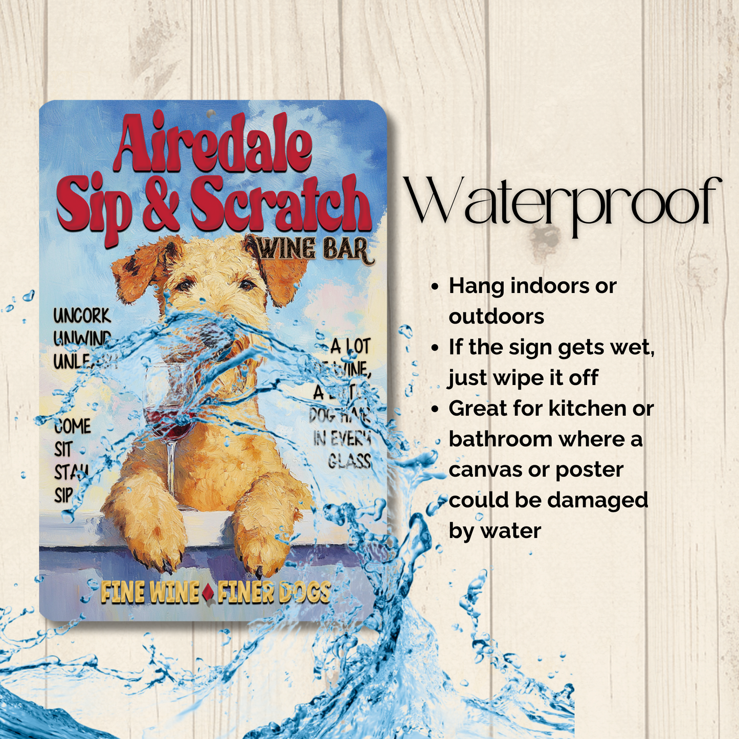 Airedale Wine Bar Sign Sip & Scratch Dog Metal Tin Wall Art