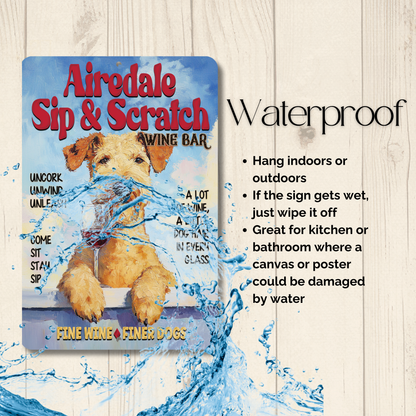 Airedale Wine Bar Sign Sip & Scratch Dog Metal Tin Wall Art