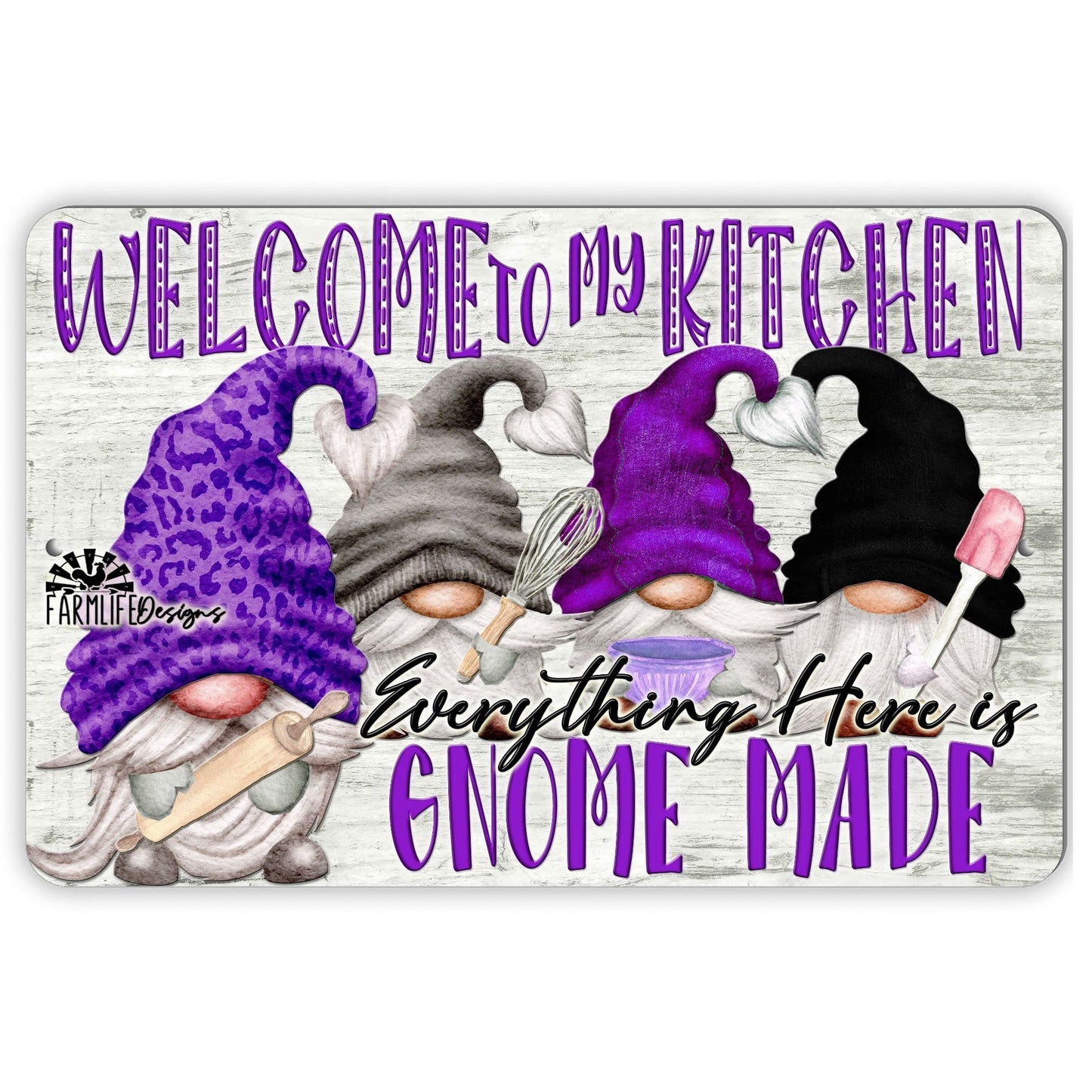 Kitchen Gnome Sign | Everything is Gnome Made | 12x8 aluminum | PURPLE black baking gnomes cooking gnomies decor