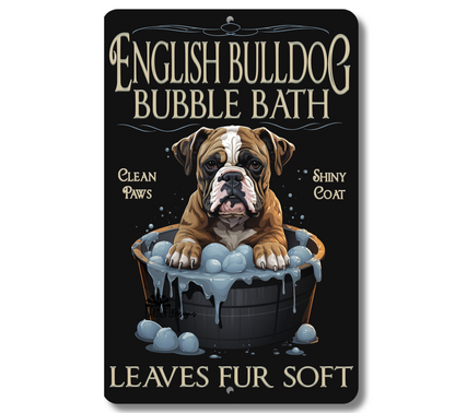 English Bulldog Bubble Bath bathroom sign, bull dog in bathtub