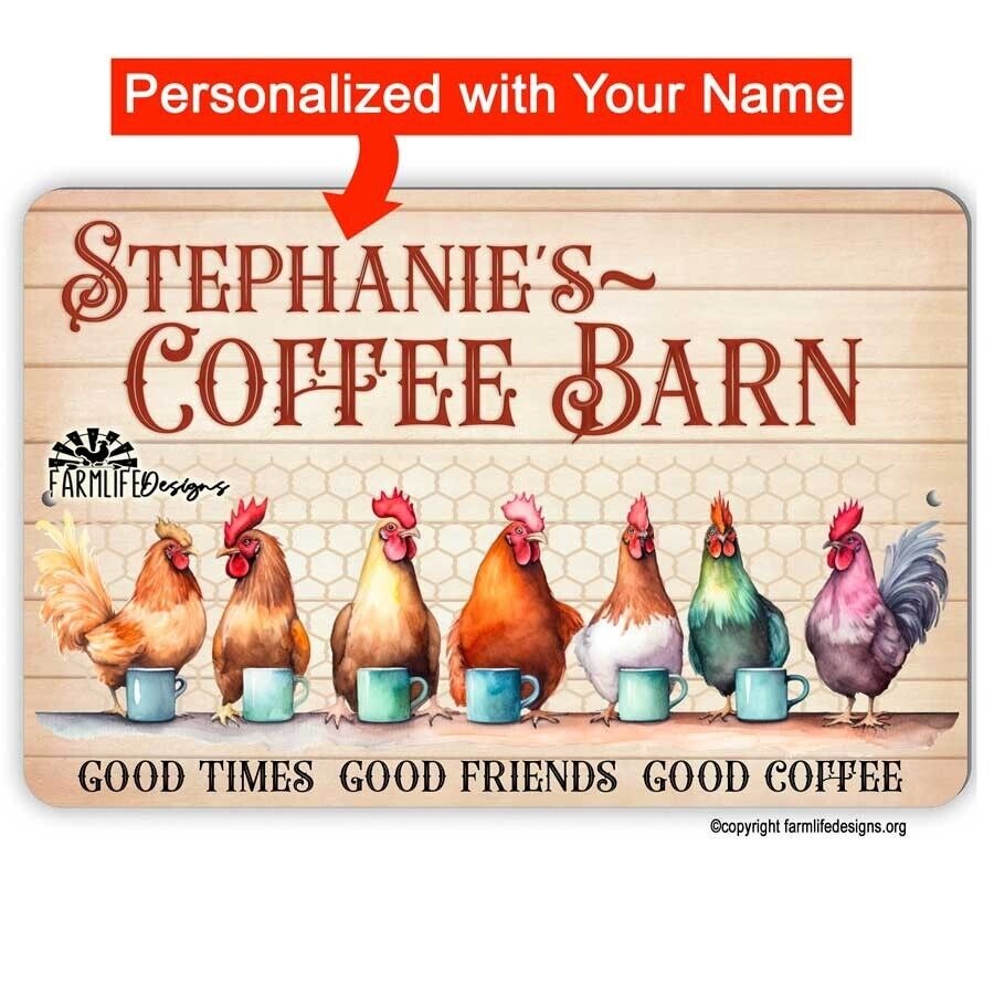 Coffee Bar Sign - Chickens drinking Coffee, Coffee Barn 12x8 Personalized