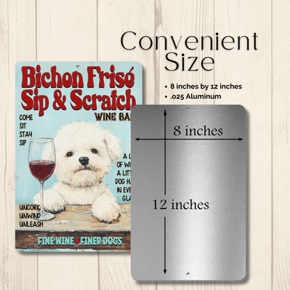 Bichon Frise Wine Bar Sign Sip & Scratch Dog Metal Tin Wall Art