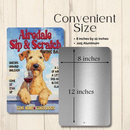 Airedale Wine Bar Sign Sip & Scratch Dog Metal Tin Wall Art