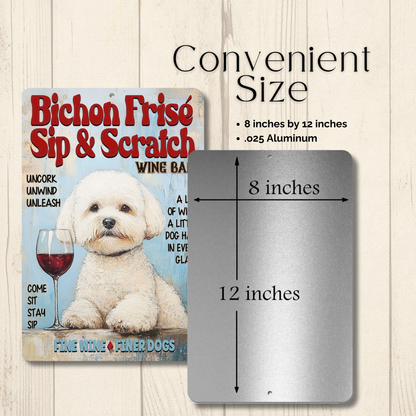 Bichon Frise Wine Bar Sign Sip & Scratch Dog Metal Tin Wall Art