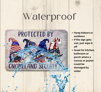 Gnomeland Security Protected by Gnomes Patriotic American metal tin gnome wall art