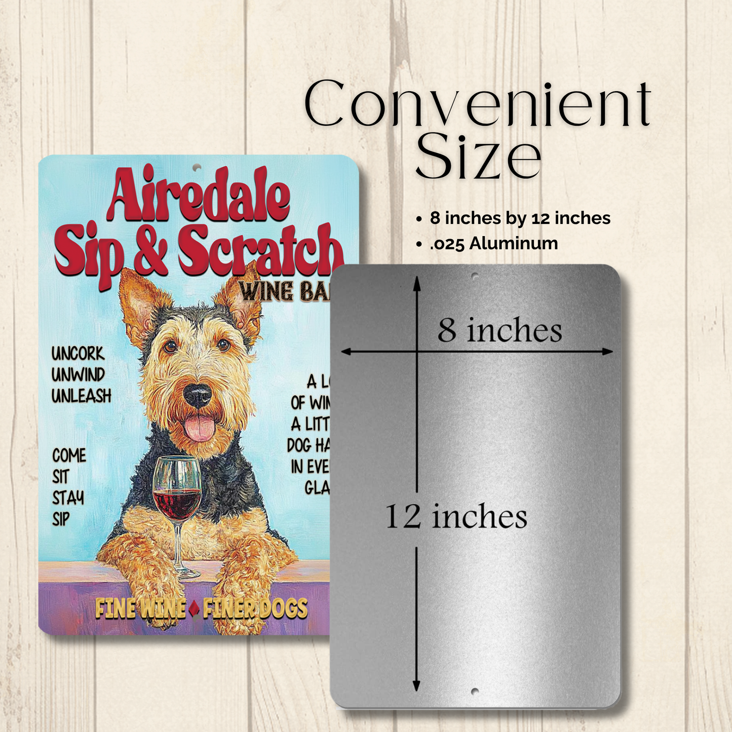 Airedale Wine Bar Sign Sip & Scratch Dog Metal Tin Wall Art