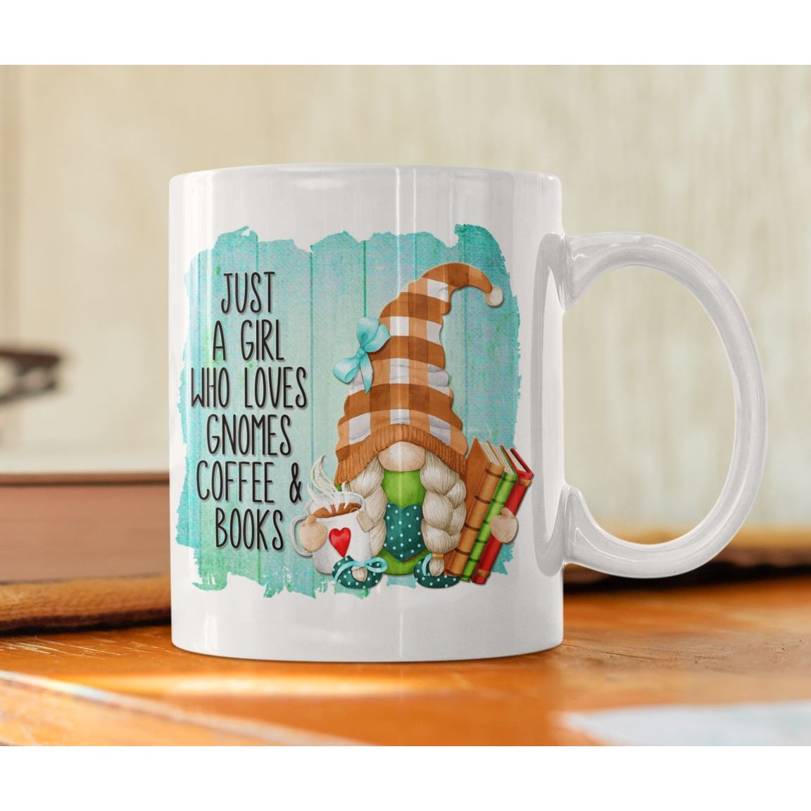 Gnome Coffee Mug - Just a Girl Who Loves Gnomes Coffee  Books, Turquoise, Gnome Lover Gift, Book Lover Gift