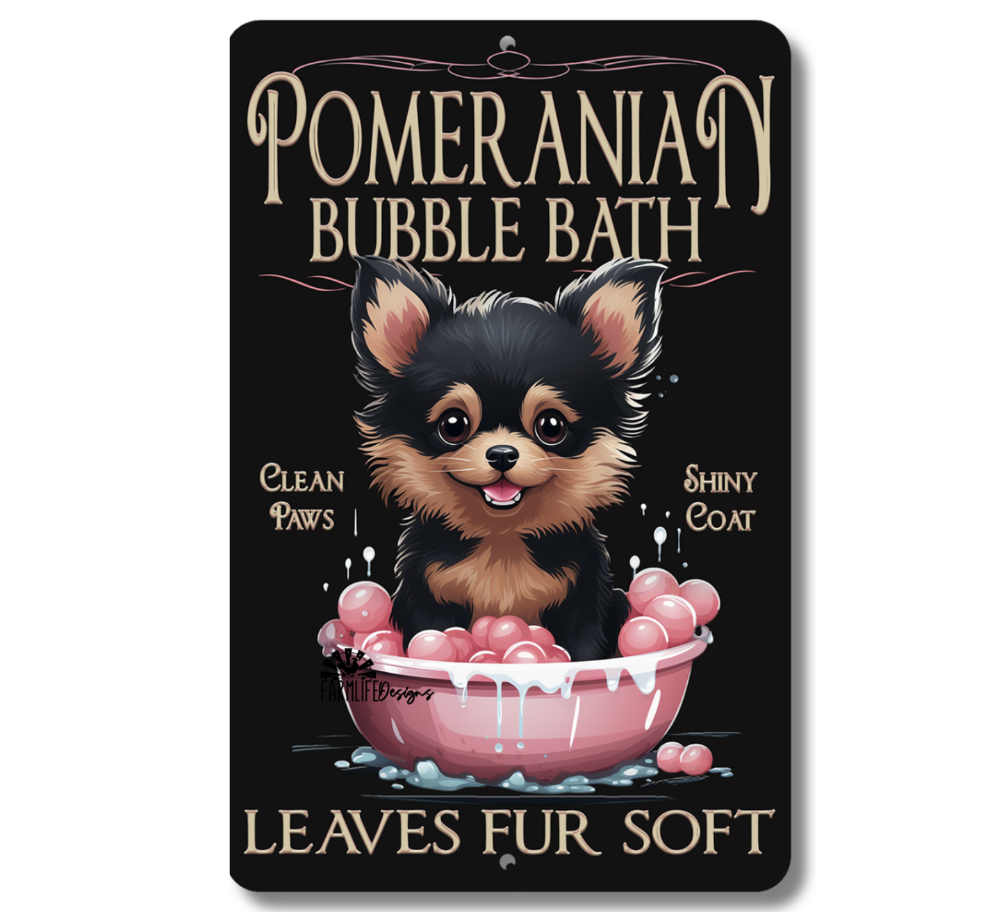 Pomeranian Bubble Bath, dog in bathtub bathroom sign