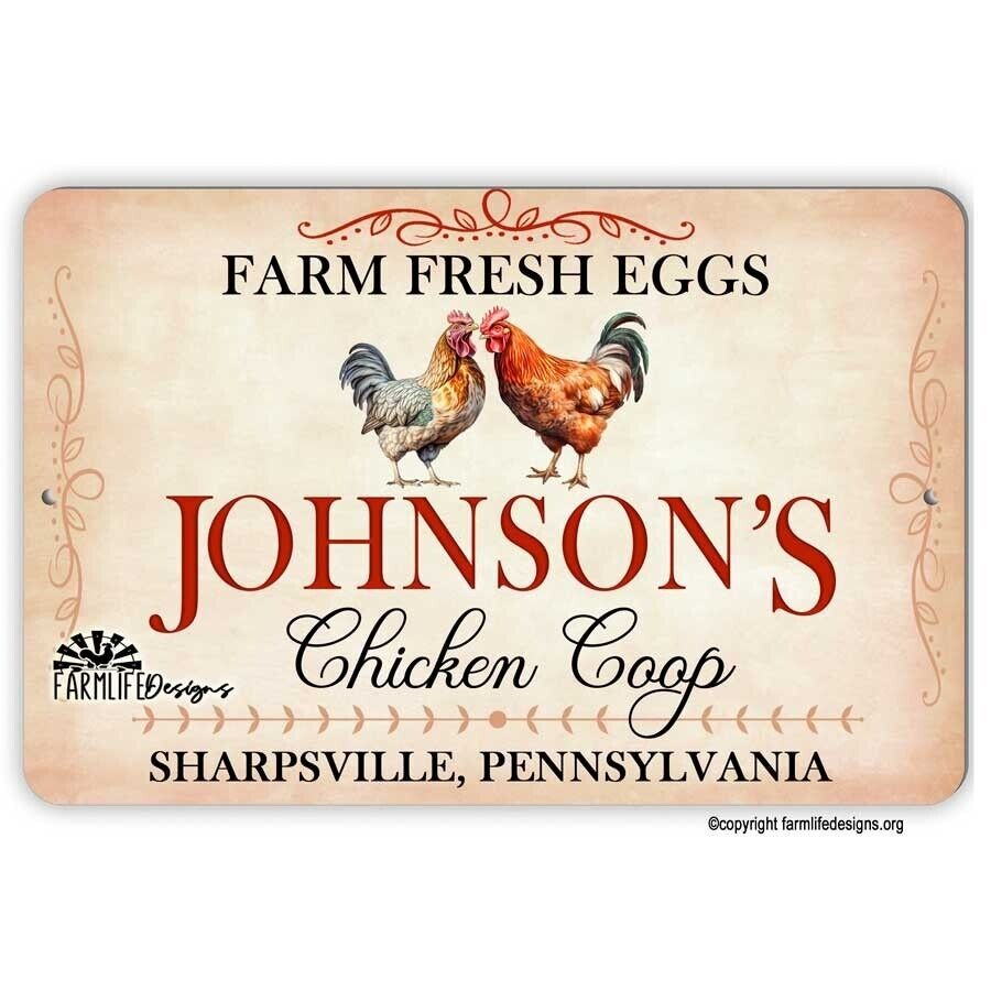 Personalized Chicken Coop Sign - with your name city & state, aluminum 12"x8"