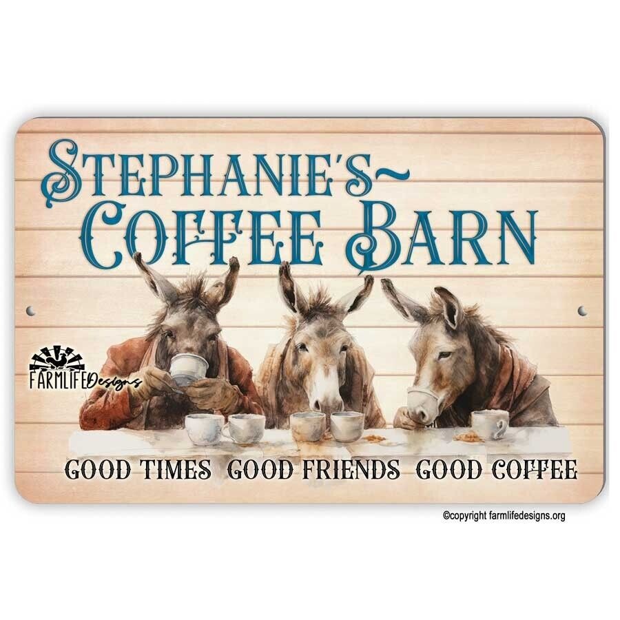 Coffee Bar Sign - Donkeys drinking Coffee, Coffee Barn 12x8 Personalized