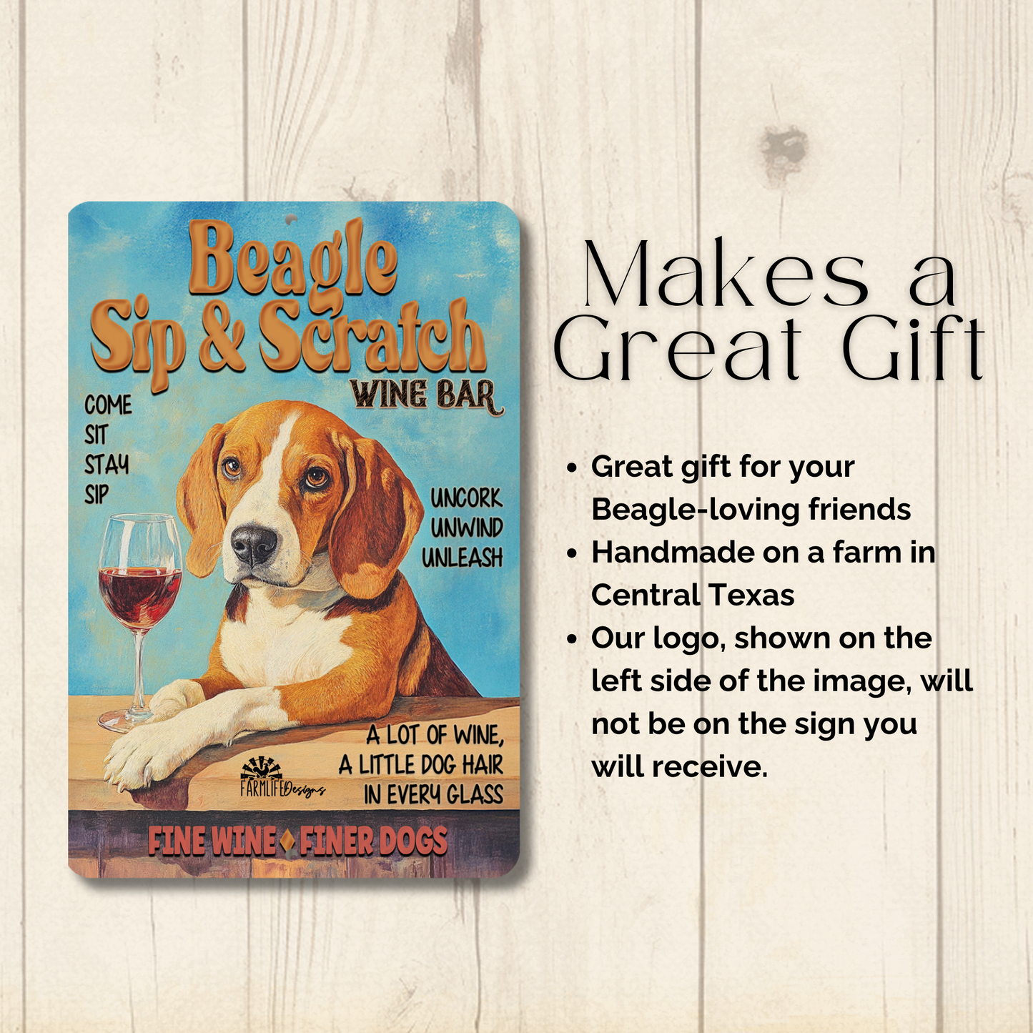 Beagle Wine Bar Sign, Sip & Scratch pub metal tin dog wall art