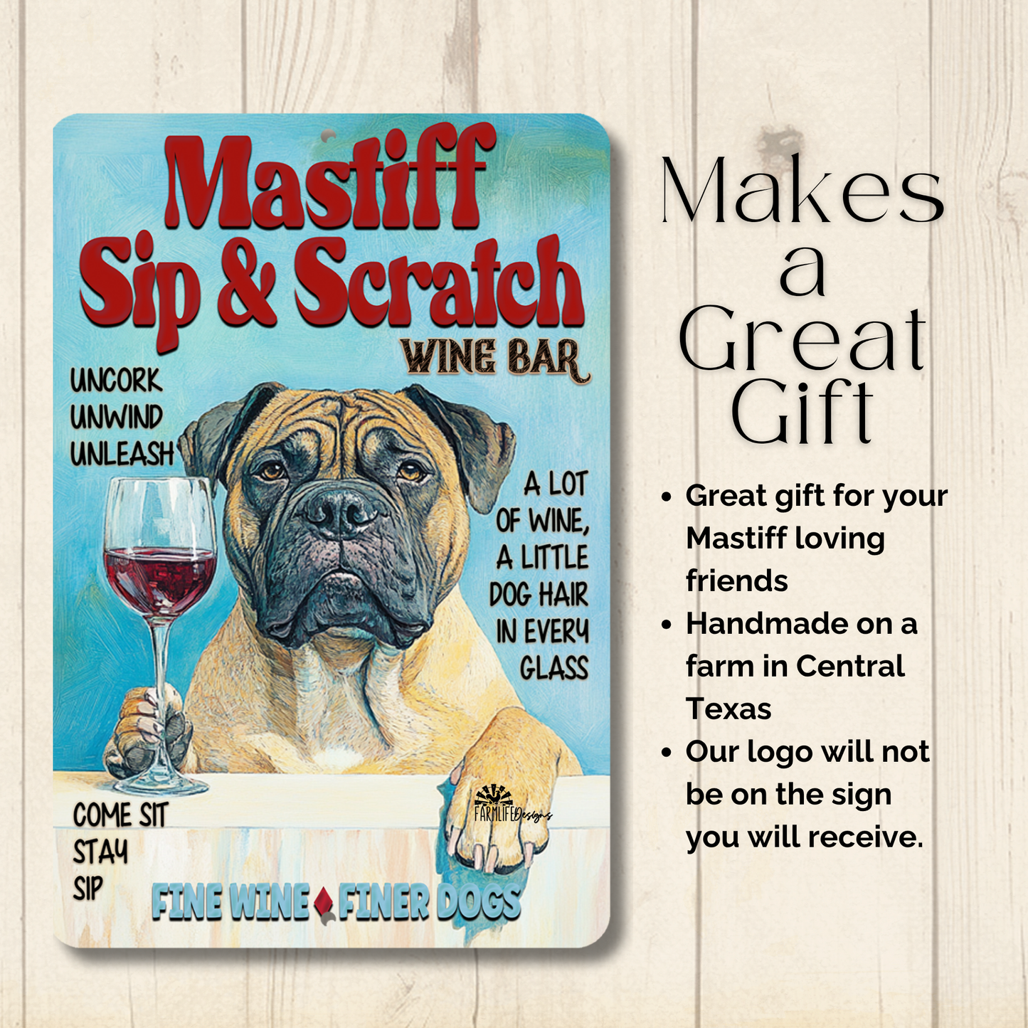 Mastiff Wine Bar Sign Sip & Scratch Dog Metal Tin Wall Art