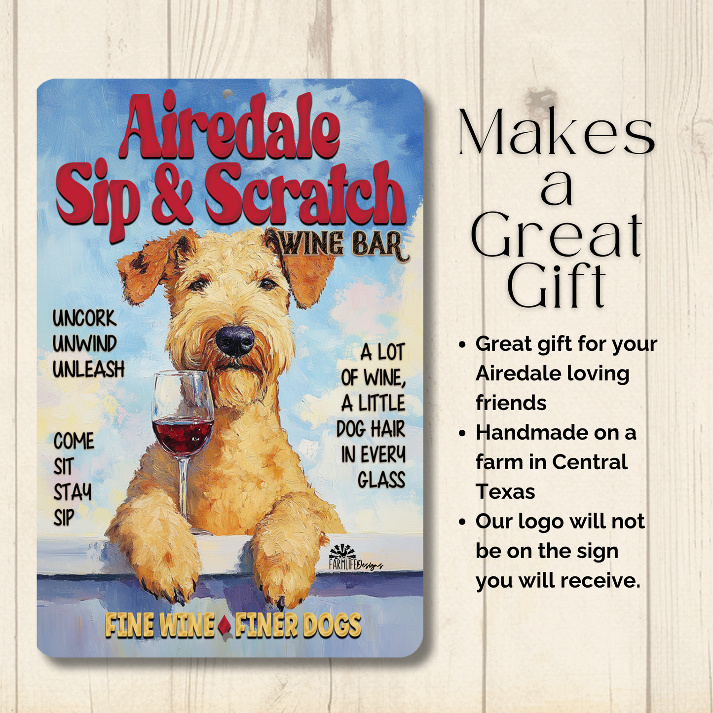 Airedale Wine Bar Sign Sip & Scratch Dog Metal Tin Wall Art
