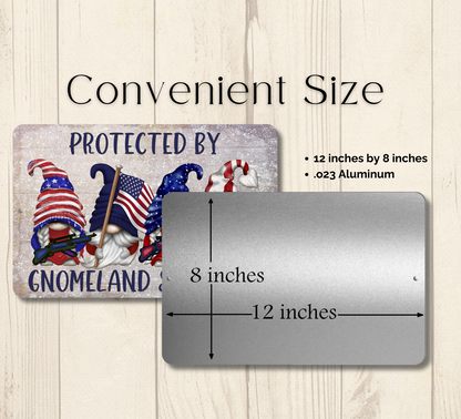 Gnomeland Security Protected by Gnomes Patriotic American metal tin gnome wall art